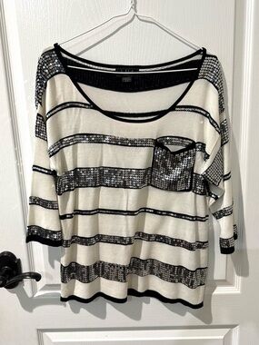 Belldini White Black and Silver Sequin Stripe Knit Top Sz S